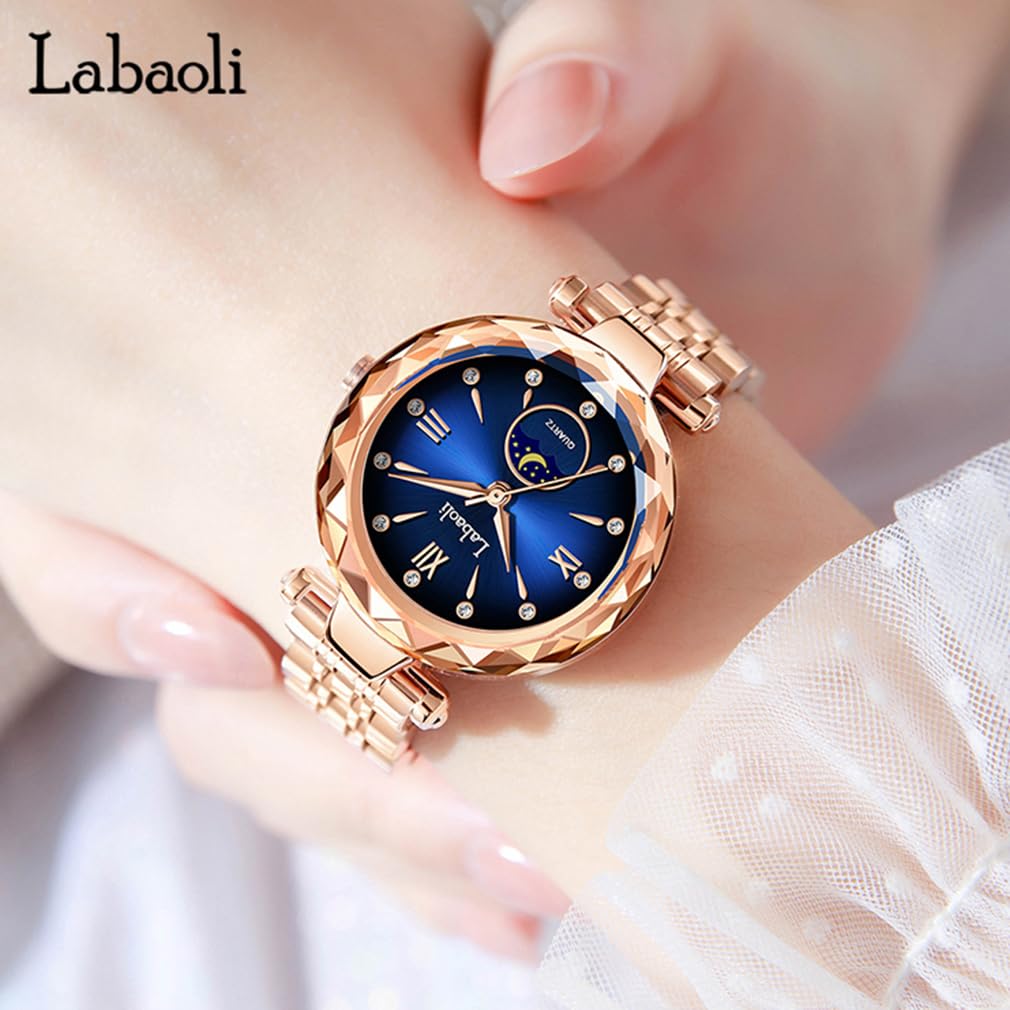 Часы из розового золота с брендом, нержавеющая сталь, подарок для женщин с синими кристаллами, стильные, водонепроницаемые, с названием, деловые, стальные, роскошные, милые, для нее,