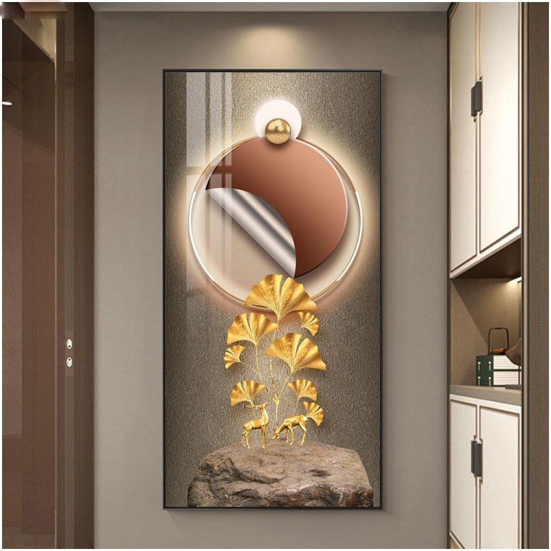 Abstract Fengshui Golden Zen Stone Canvas Painting Golden Moon Deer Wall Art Rich Tree Posters for Porch Wall Decor No Frame