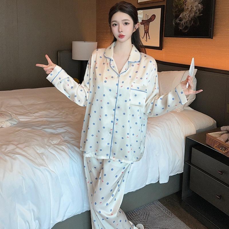 Весна и осень, новые французские женские пижамы из ледяного шелка, домашний костюм для девочек старшего возраста с длинными рукавами, длинные брюки, домашний костюм