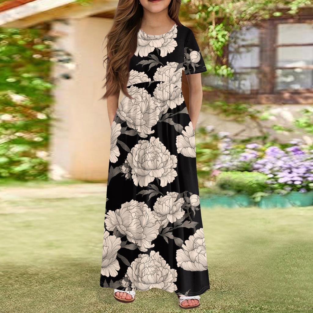 Длинное летнее платье для девочек - платье макси с короткими рукавами и карманами для детей 4-14 лет