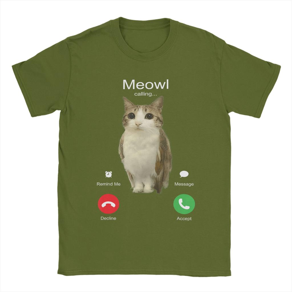 Мужская футболка Meowl Is Calling Телефонный звонок Мем Мозговая гниль Забавная кошка Сова Хлопковые футболки Футболки с коротким рукавом Круглый вырез Одежда