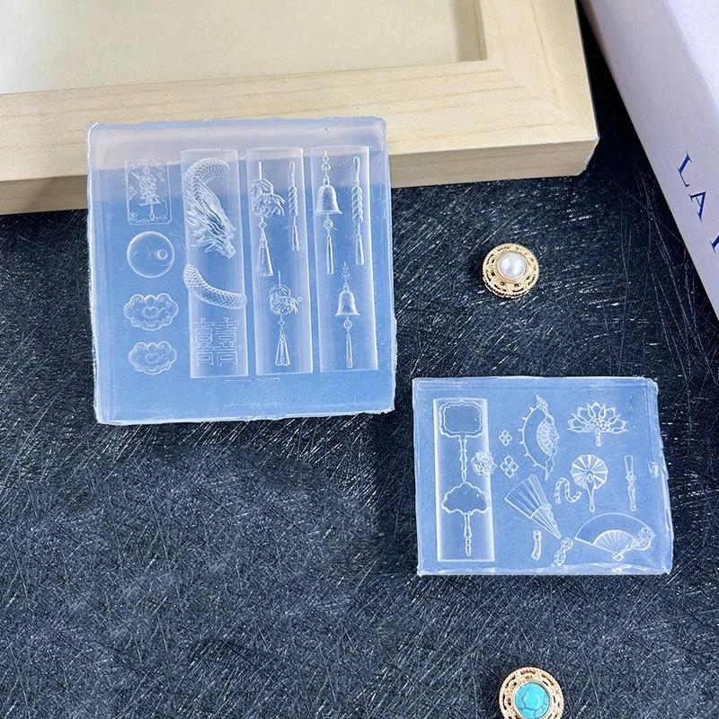 3D Силиконовая форма для ногтей в китайском стиле Изысканный Дракон Медные монеты Колокольчики Пуговицы Китайские узлы Форма Веер Прозрачная форма для нейл-арта