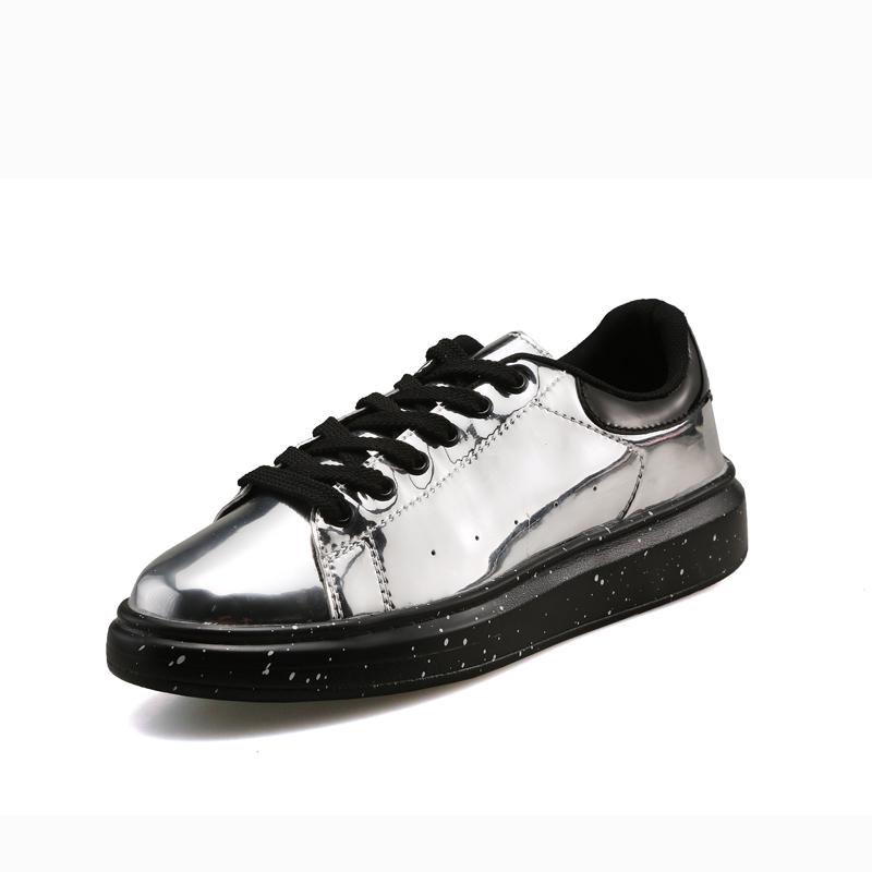Fashion Men Light Leather Flat Sneakers Fashion Silver Men's Shoes Punk Casual Mirror Shoes Streetwear Sneakers Men Rock Hip Hop Shoes