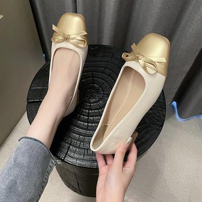 Женские туфли на плоской подошве из искусственной кожи 2024 года, двухцветная строчка, классические рабочие туфли с бантом, модные женские туфли на низком каблуке