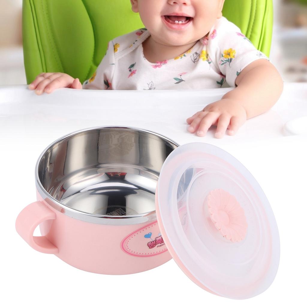 Baby Children Bowl Cartoon 304 Stainless Steel Rice Feeding Bowl with Lid TablewarePink
