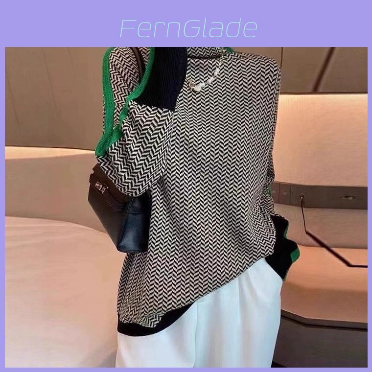 Geometric Pattern Knit Sweater With Color Block Edges For Women Fall