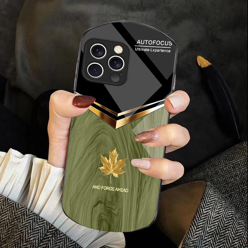 V-shaped Maple Leaf For Iphone 11 12 13 14 15 16 Pro Max Plus Mini 7 8 Se 2020 X Xs Xr Elliptical Tempered Glass Phone Case