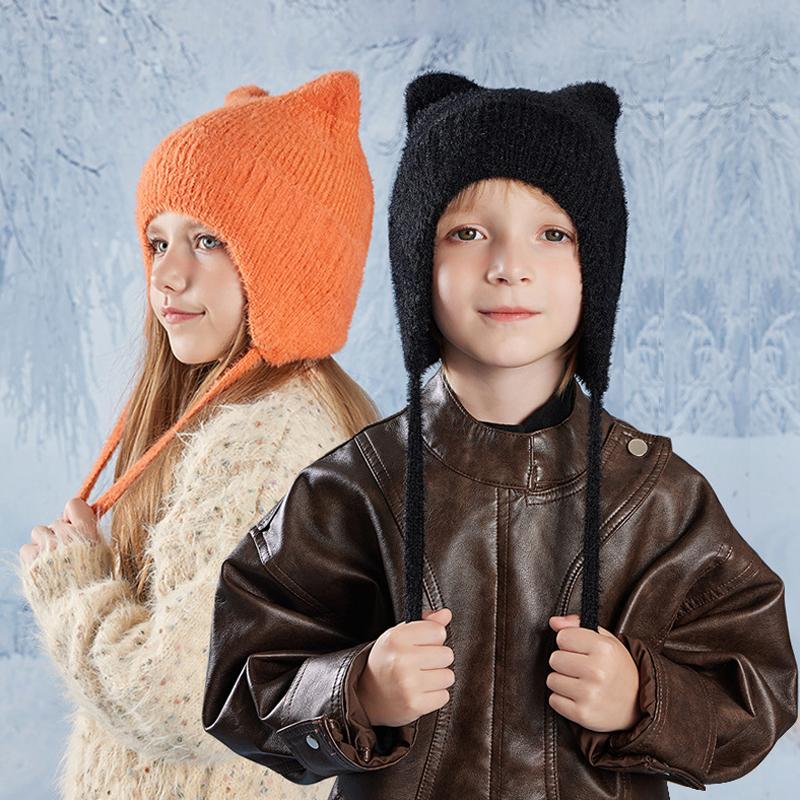 Детская шапка зимняя для мальчиков и девочек, теплая, защитная шапка для ушей, вязаная шерстяная шапка с мультяшными ушками для кошек