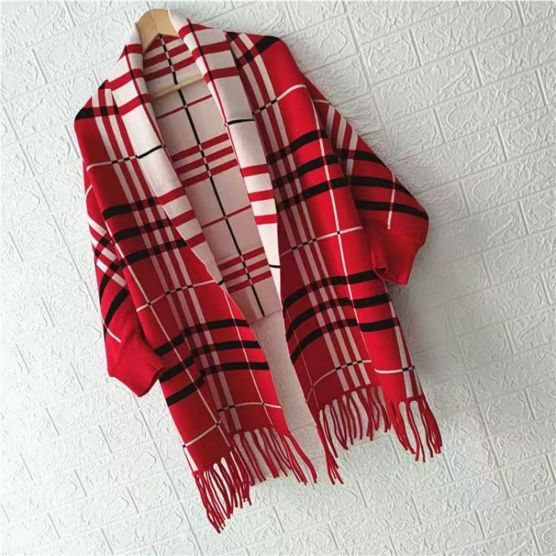 Autumn and Winter Swearer Shawl Dual Purpose Checkered Knitted Sleeve Coat for Women Thickened Tassel Bat Sleeve Cloak