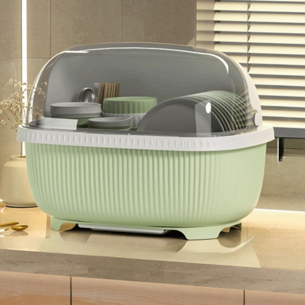 Large Capacity Dish Drainer With Roof Cover Plastic Multifunctional Dish Storage Rack with Drain Board Cupboard