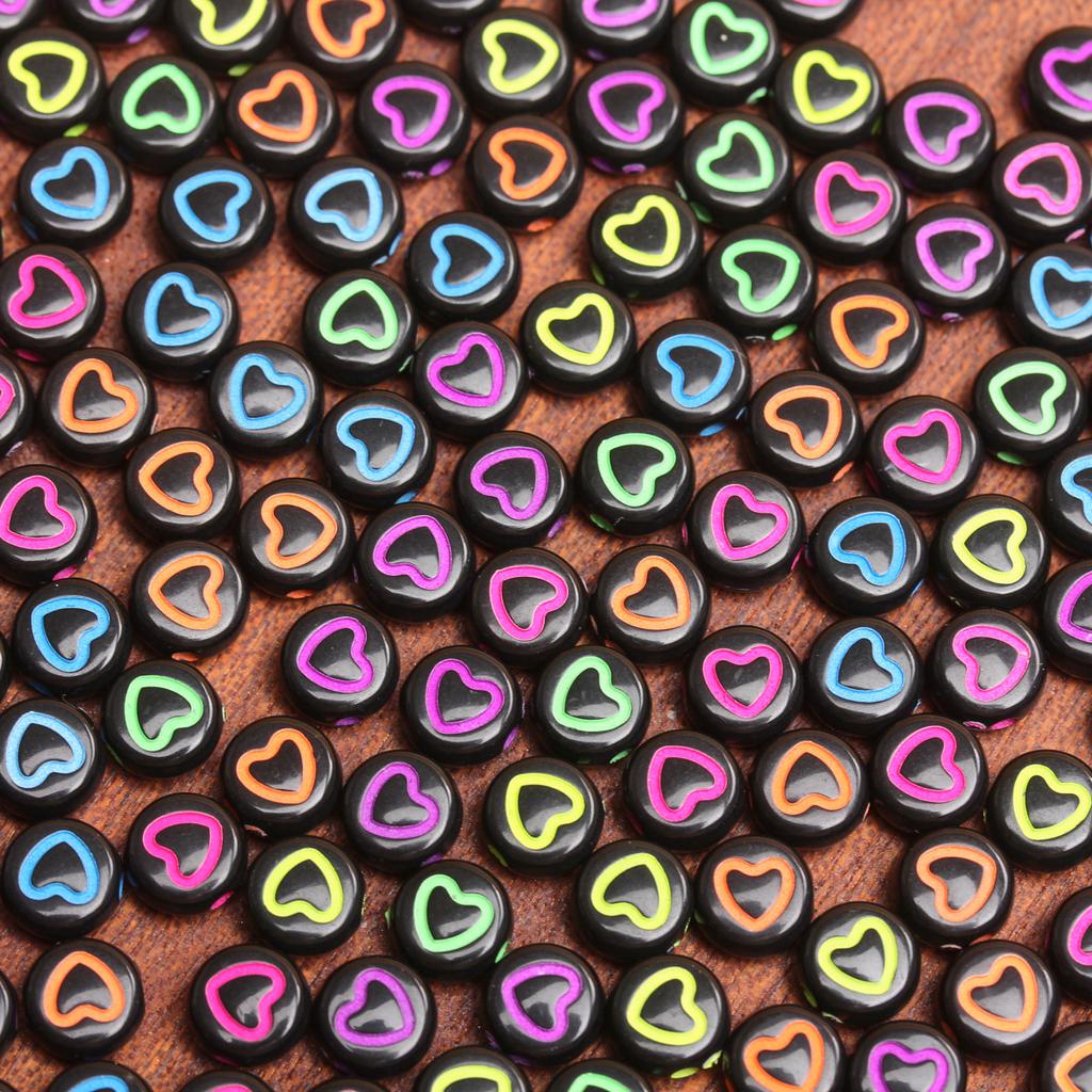 50Pcs Acrylic Keychain Loose Beads Jewelry Making Necklace 6.5mm Flat Round Bracelet DIY Materials Earrings Fashion Spacer Accessories Heart Pattern