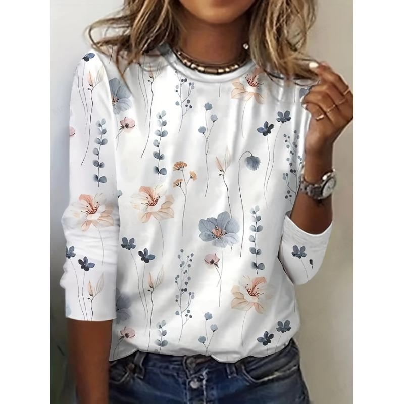 Floral 3d Print Crew Neck T-Shirt Casual O-Neck Long Sleeve Top Women's Clothing New Fashion Casual Oversized Tops Tees Female