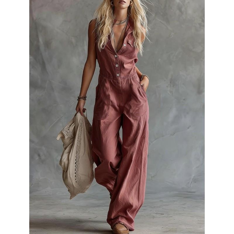 2026 Linen Blend Sleeveless V-Neck Jumpsuit High Waist Straight Leg Romper Women Casual Streetwear