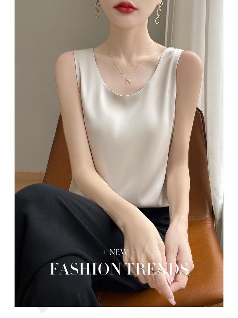 Versatile Women's Satin Camisole: Front V, Round Back, Sleeveless, Wide Straps—perfect Under a Suit, Silky Finish with an Elegant Back.