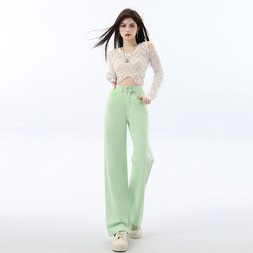 Light green straight jeans women's summer thin new high-waisted loose small narrow wide-leg pants