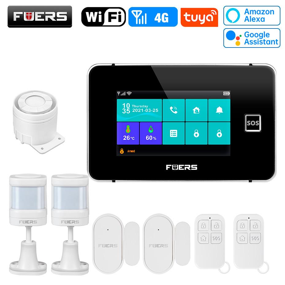 FUERS G64B 4G WiFi Home Security Alarm System Temperature Humidity Display PIR Motion Work with Tuya Smart App 4.3 Inch Screen