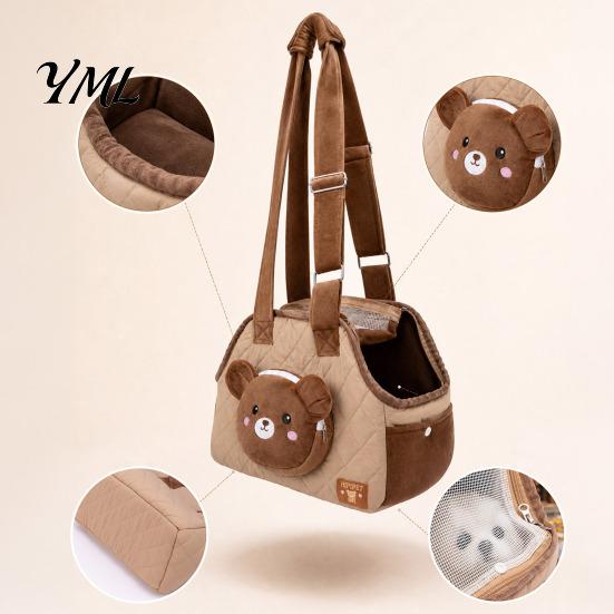 Cat Travel Carrier Quilted Purse, Breathable Pet Shoulder Bag, Mesh Window, Zipper Closure, Safety Buckle, Warm Velvet Cute Bear Elephant Front