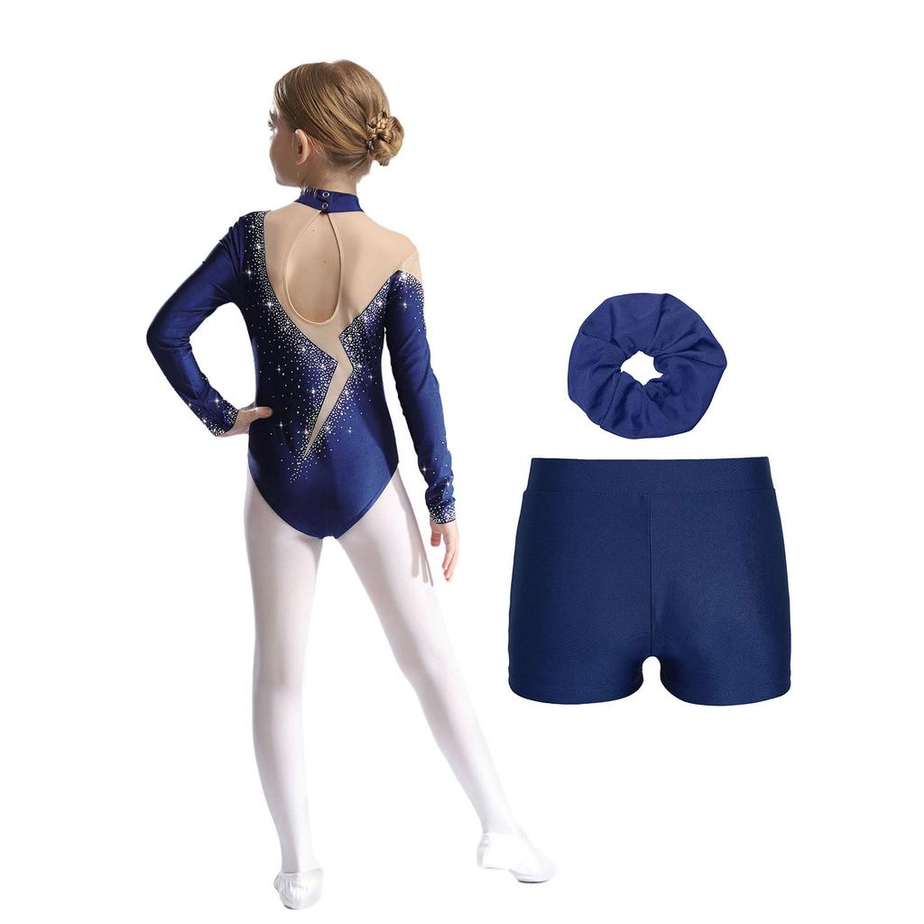 Girls Gymnastics Dance Outfit Set Long Sleeve Keyhole Back Sheer Mesh Patchwork Sparkly Leotard Shorts Hair Band
