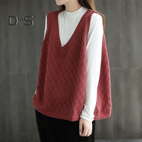 Весна Осень Женский Жилет Вязаный Свитер Ретро V-образный Вырез Свободный Без Рукавов Однотонный Пуловер Ажурный Ромбовидный Текстурный Топ Повседневная Одежда