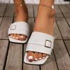 Fashion Fashion Buckle Decor Summer Slippers Women Sqaure Toe Comfort Flat Sandals for Woman Black Pu Leather Beach Slides Plus Size 43