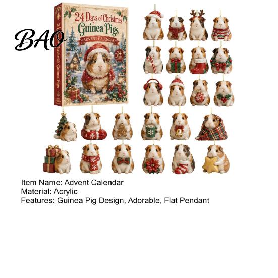 24 Day Surprise Calendar Guinea Pig Advent Calendar, 24-Day Acrylic 2D Ornament Set with Holiday Home Decor Christmas Outfits, Tree Hanging