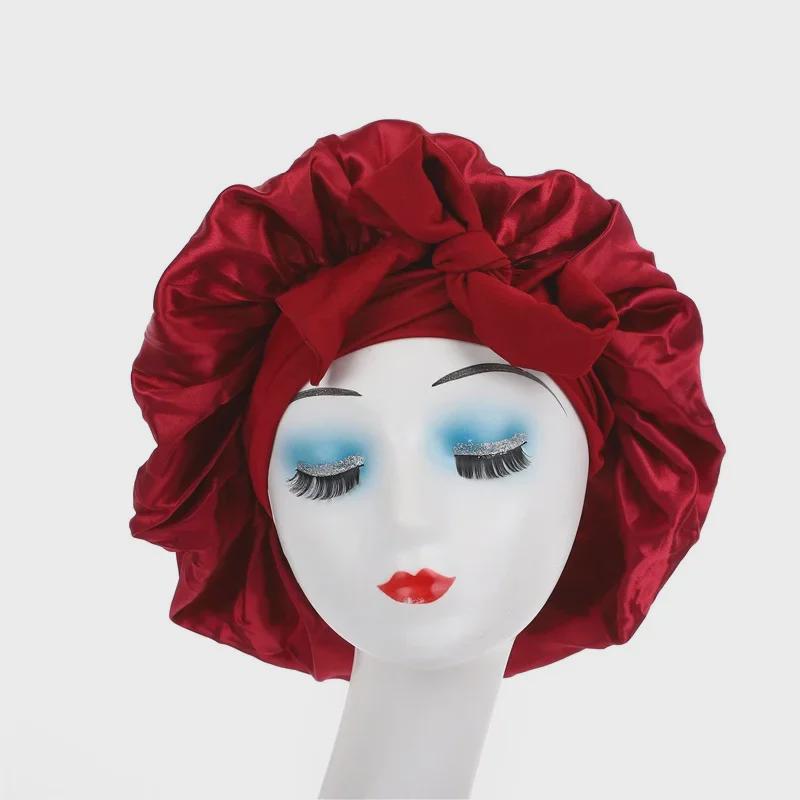 High Elastic Satin Nightcap with Wide Brim & Bow for Salon Hair Care