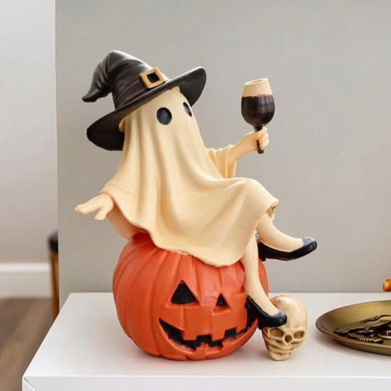 Resin Spooky Home Decor Cute Ghost Figurine, Sitting on Pumpkin Statue with Witch Halloween Table Hat, Tabletop Ornament for Party Funny Shelf Doll