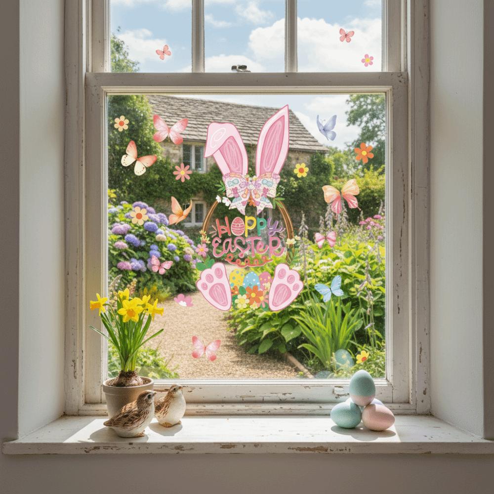 PVC Rabbit Basket Electrostatic Stickers Happy Easter Window Stickers  Ester Decorations
