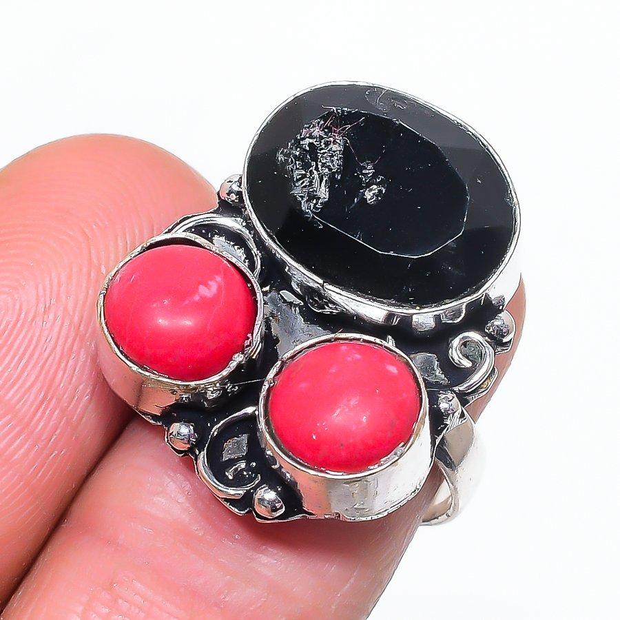 Черная шпинель, коралл Ручной работы Серебро 925 пробы Ювелирное кольцо Размер 7 N8z16