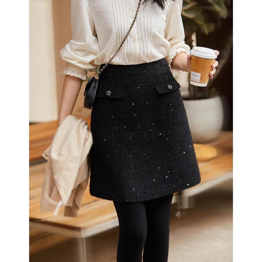 Black Thin Glittering Small Fragrance Skirt High Waist A-line Short Skirt New Style
