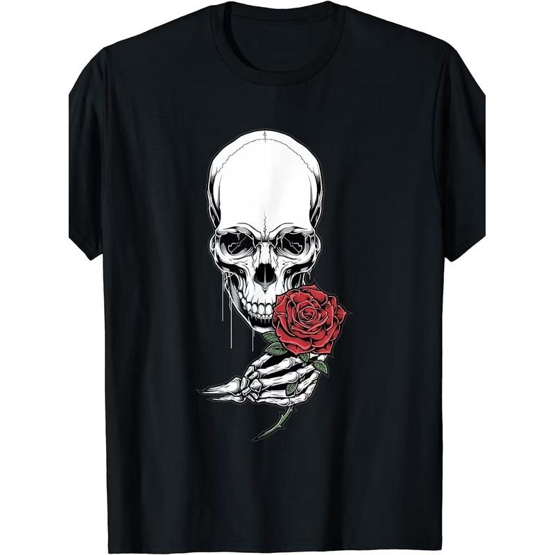 Skull Head Skeleton Hand, Holding Red Rose Stem Tattoo Style T-Shirt