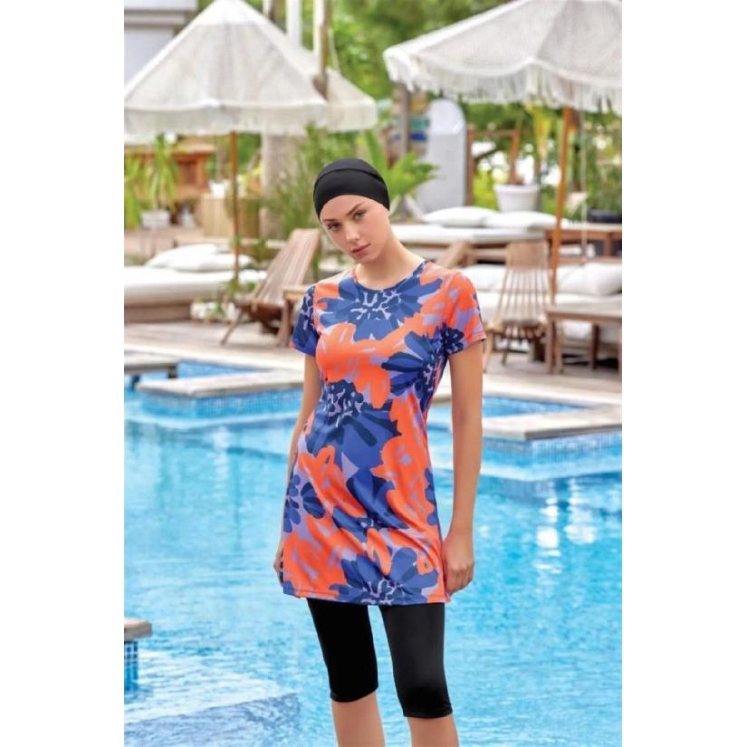 Летний цветочный купальный костюм 2025 с принтом - Комплект: туника с коротким рукавом и укороченные леггинсы - Мусульманский купальник - Пляжная одежда с защитой от УФ-лучей - Летний буркини