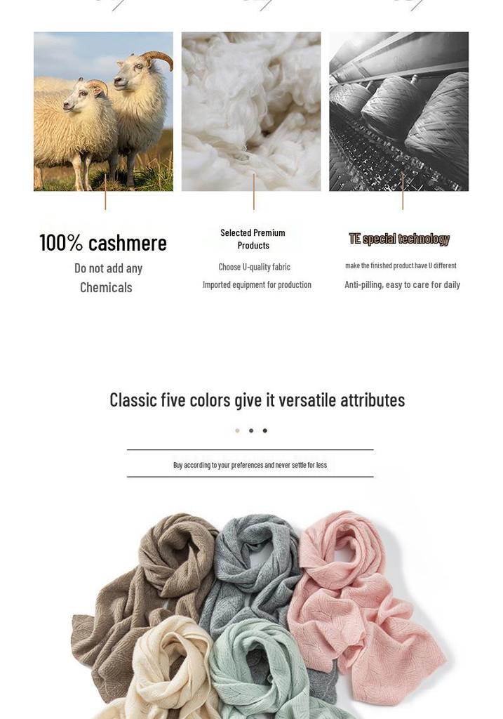 Korean Style Women's 100% Cashmere Hollow Crochet Knit Scarf Shawl - Warm, Versatile Autumn Winter Accessory