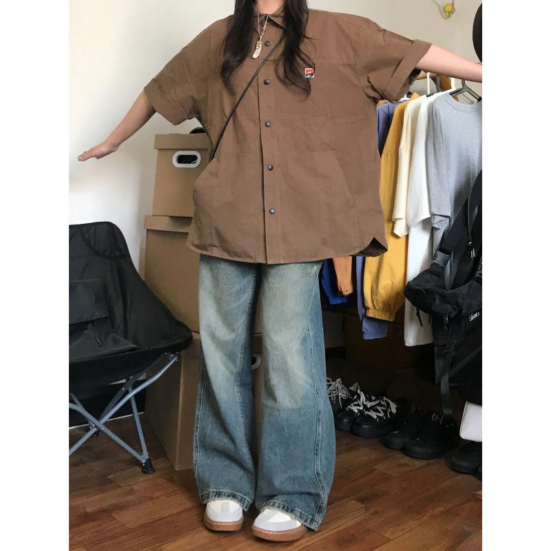 Винтажная рубашка с коротким рукавом, уличная женская рубашка большого размера на пуговицах, корейская мода, шикарная крутая блузка, эстетичная хиппи, японская