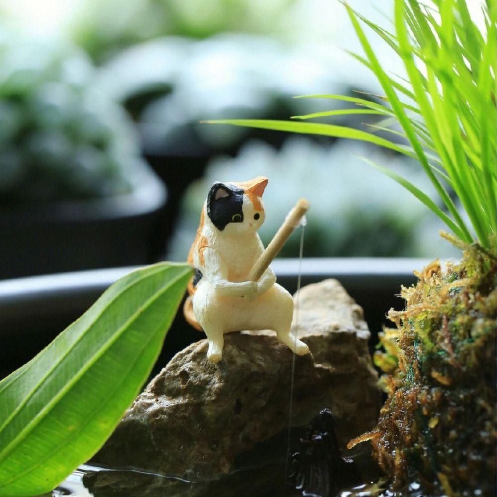 Cute Cat Fishing Fish Tank Ornaments Creative Mini Kitten Fishing Ornament Aquarium Tanks Miniature Figurines Decoration