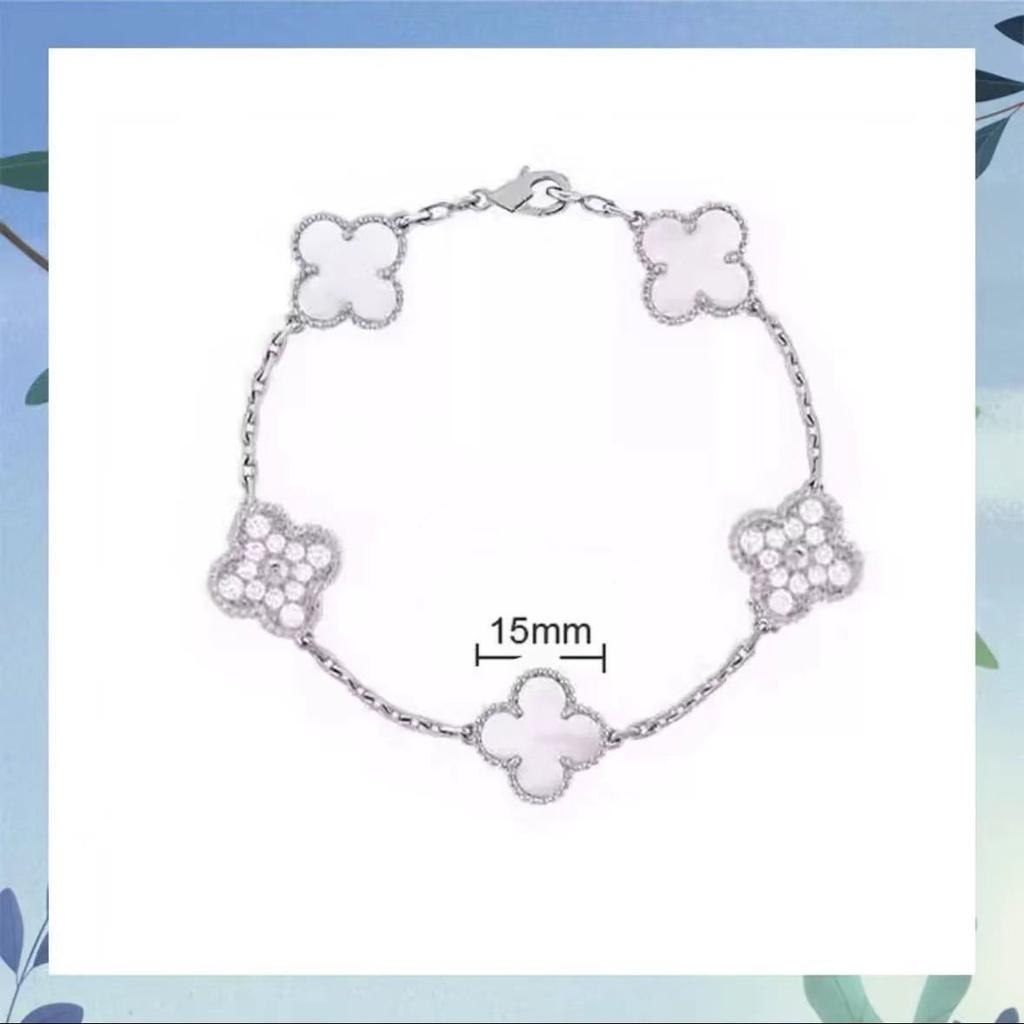 Браслет с четырехлистным клевером и пятью цветами, женский, 18k, с цветком удачи, с белым перламутром