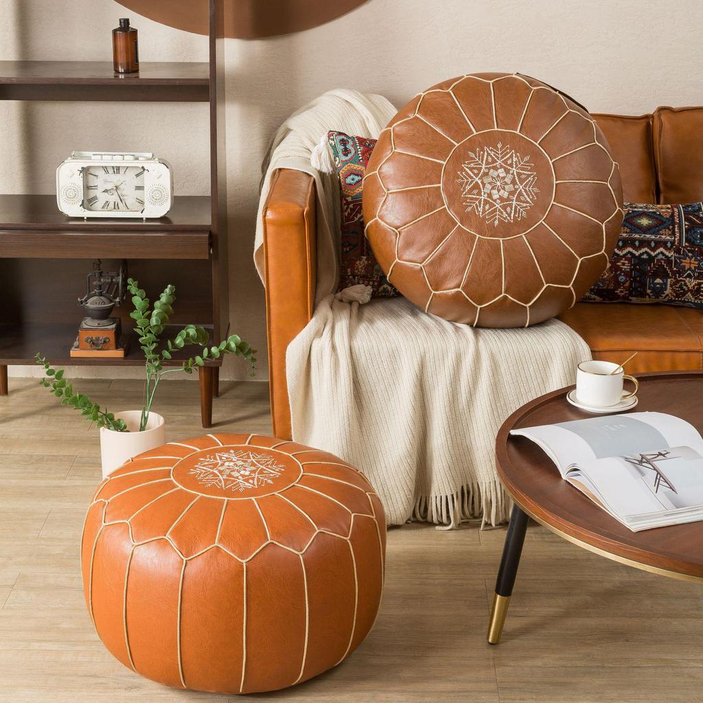 Moroccan Style Oil Wax Leather Floor Stool & Tatami Futon Seat Cushion