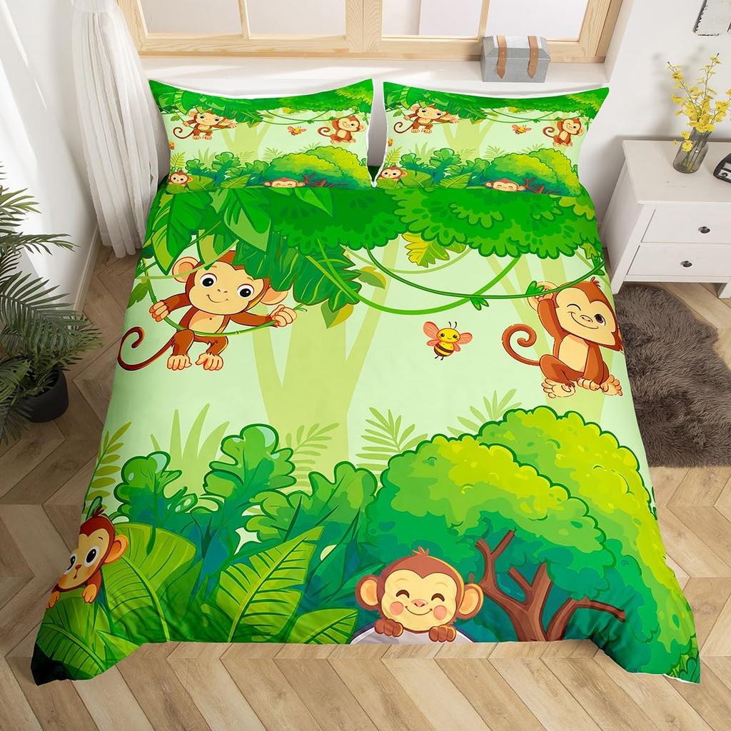 Комплект постельного белья с милой обезьянкой, двойной, с рисунком банана, звезд, пододеяльник с изображением тропических диких животных и фруктов, желтый пододеяльник