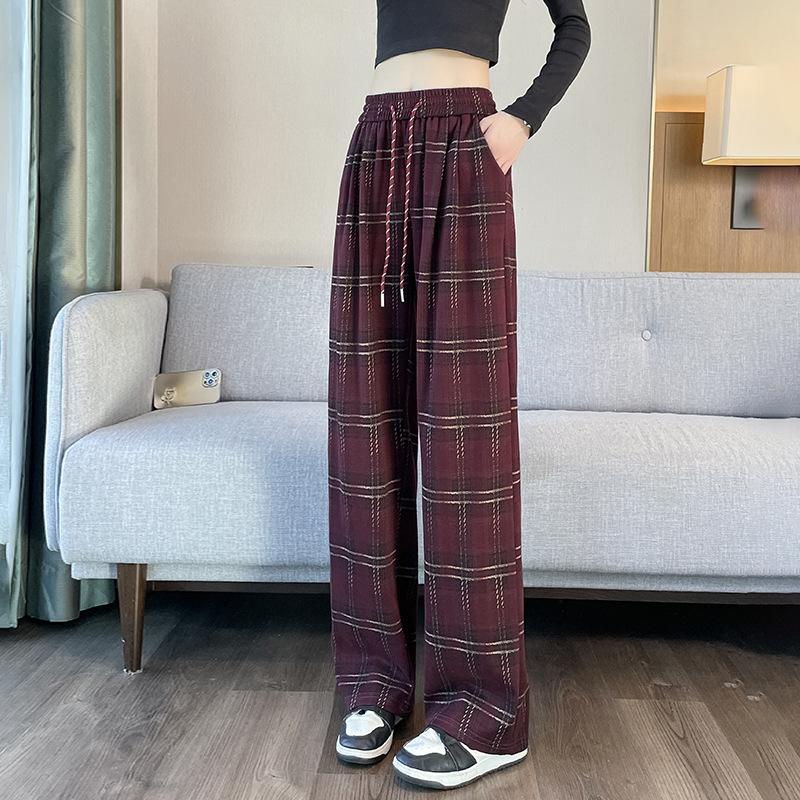 Женские весенние новые клетчатые свободные повседневные узкие прямые цилиндрические брюки с эластичной резинкой на талии, ленивые широкие брюки