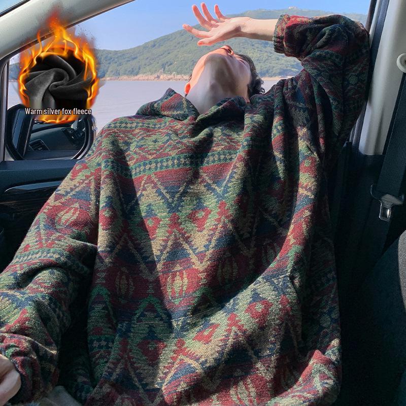 Мужская толстовка с капюшоном в этническом стиле с флисовой подкладкой - Осенне-зимний тренд