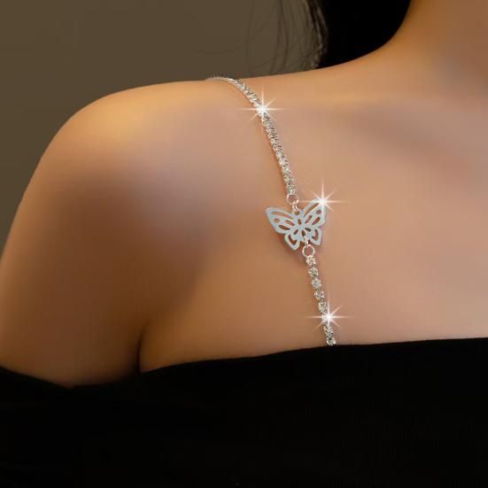 1 Pc Rhinestone Shoulder Strap Silver Rhinestone Bra Shoulder Chain Jewelry Adjustable Underwear Strap for Festival Rave Bridal Wedding Dress