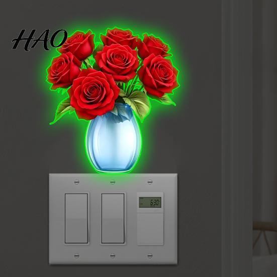 Self Adhesive Rose Decals Red Vase Switch Wall Sticker, Glow in The Dark Socket Decal, Decorative for Bedroom Self?Adhesive Waterproof Art