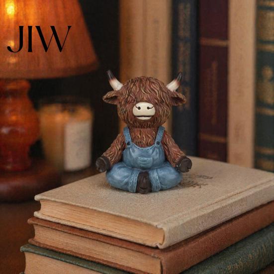 Pastoral Home Accents Yoga Highland Cow Resin Figurine, Farmhouse Style Overalls Statues, Waterproof Crafted Collectibles Garden Ornament for