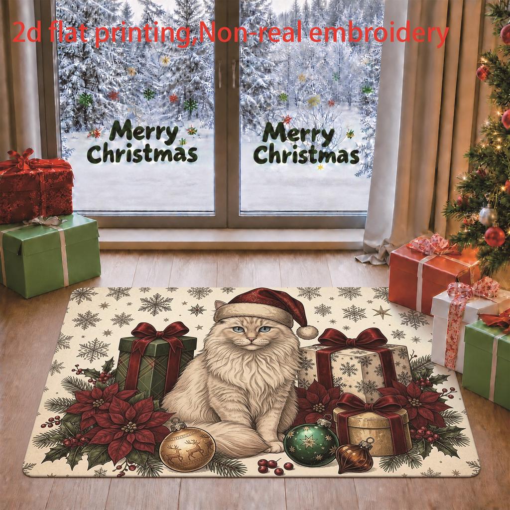 1pc, 2D Flat Printing, Christmas Kitten Gift Pattern Festive Atmosphere Indoor Mat, Colorful And Non-Slip, Machine Washable Carpet, Suitable for Home