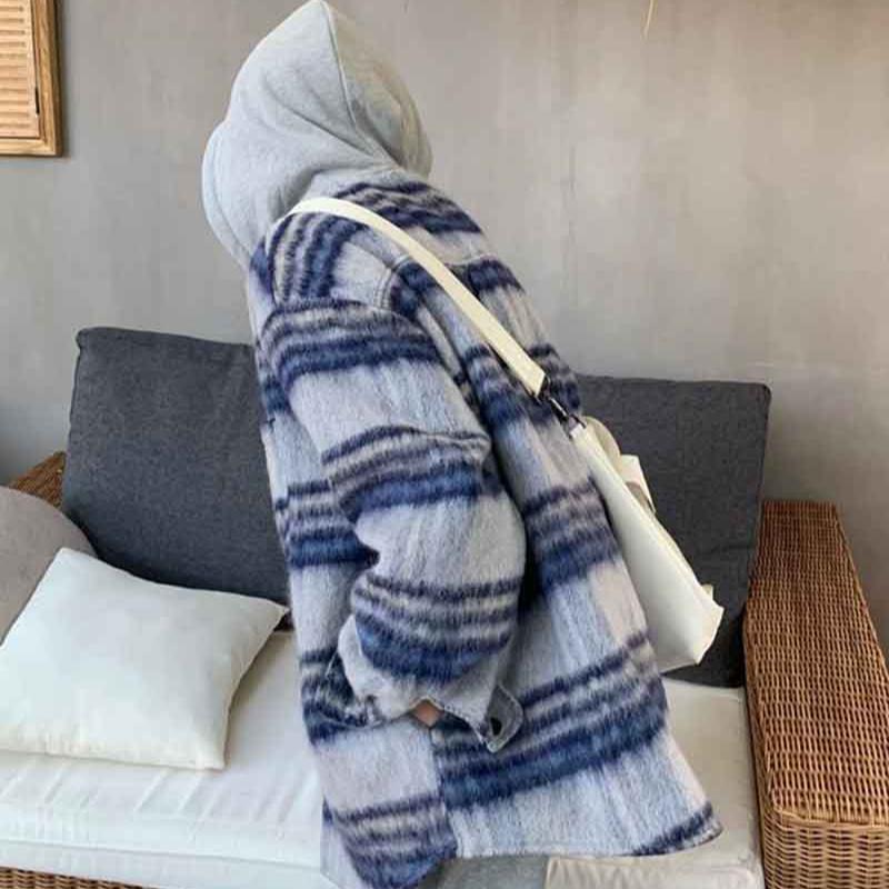 Autumn Artificial Wool Hooded Jacket Women Retro Korean Loose Stripes Casual Tops Harajuku Preppy All-Match Blends Outwear