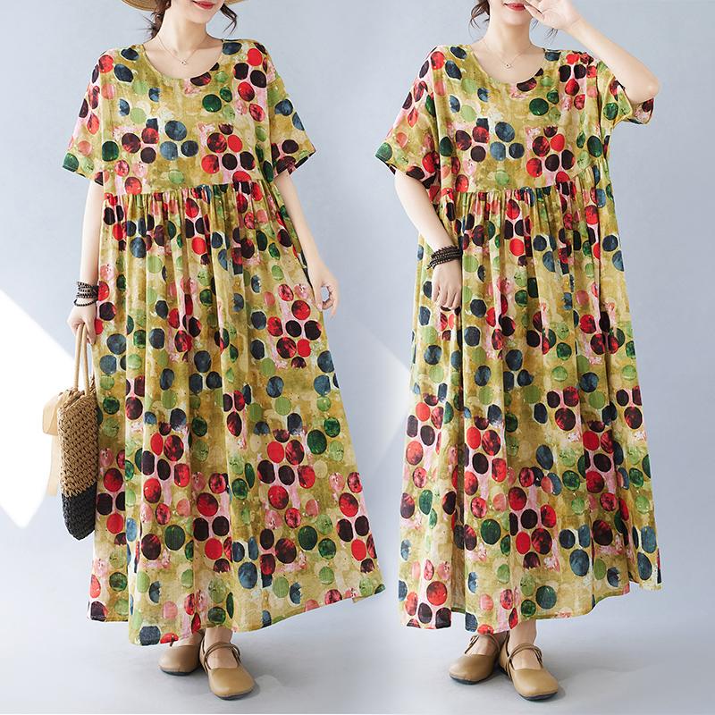 DIMANAF Женское платье больших размеров 2024, новое летнее стильное платье с круглым вырезом и цветочным принтом, зеленое льняное базовое платье 1092