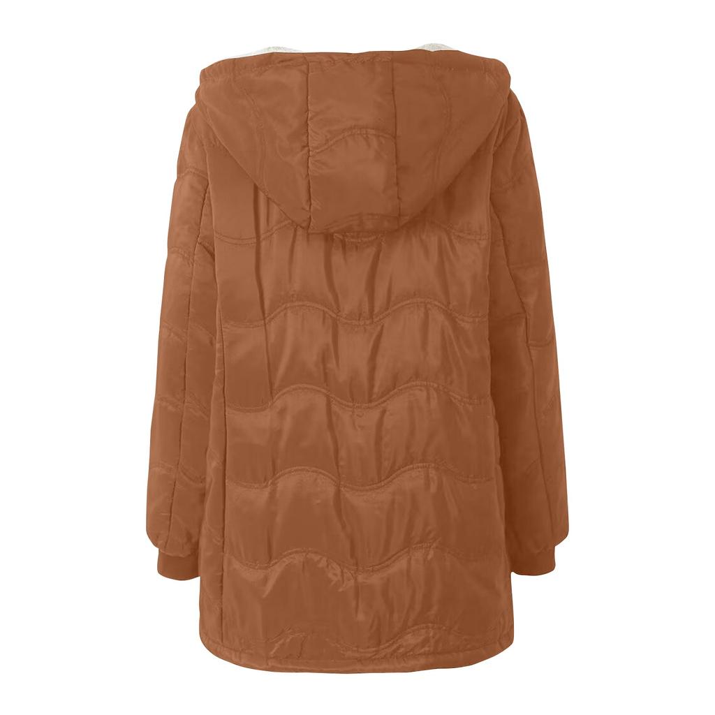 Women's Fashion and Leisure Geometric Wave Hooded Lamb's Wool Thickened Warm Cotton Coat Medium-length Jacket Cotton Clothing