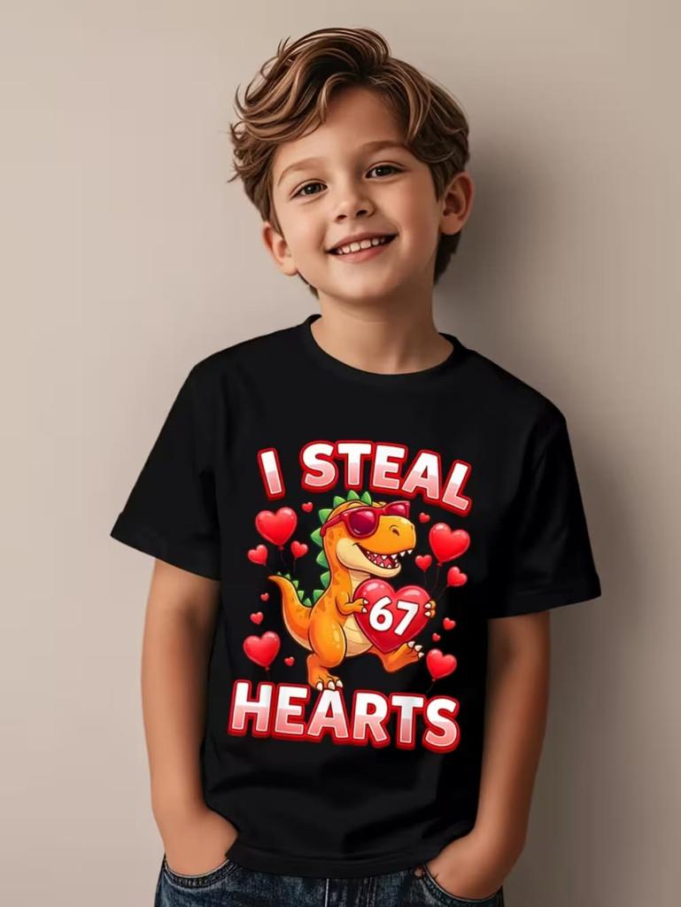 Valentine 67 Six Seven Meme Print T-Shirt 67 Number Round Neck Cute Casual Short Sleeve Comfortable T-Shirt Children's Clothing