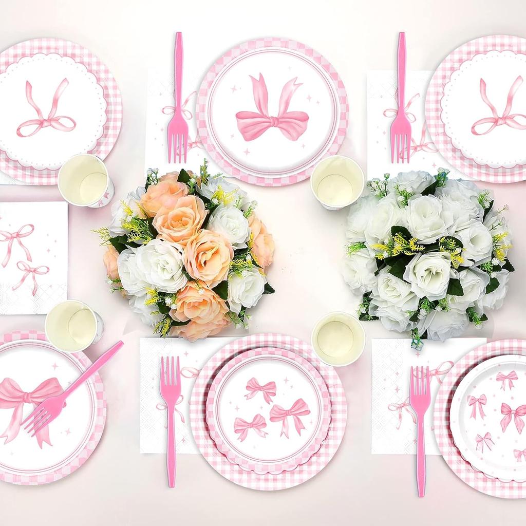 150pcs Pink Bow Party Supplies Bow Birthday Plates Napkins Paper Cup Fork Bow Birthday Decorations for Girl Bachelorette Bridal Engagement Coquette