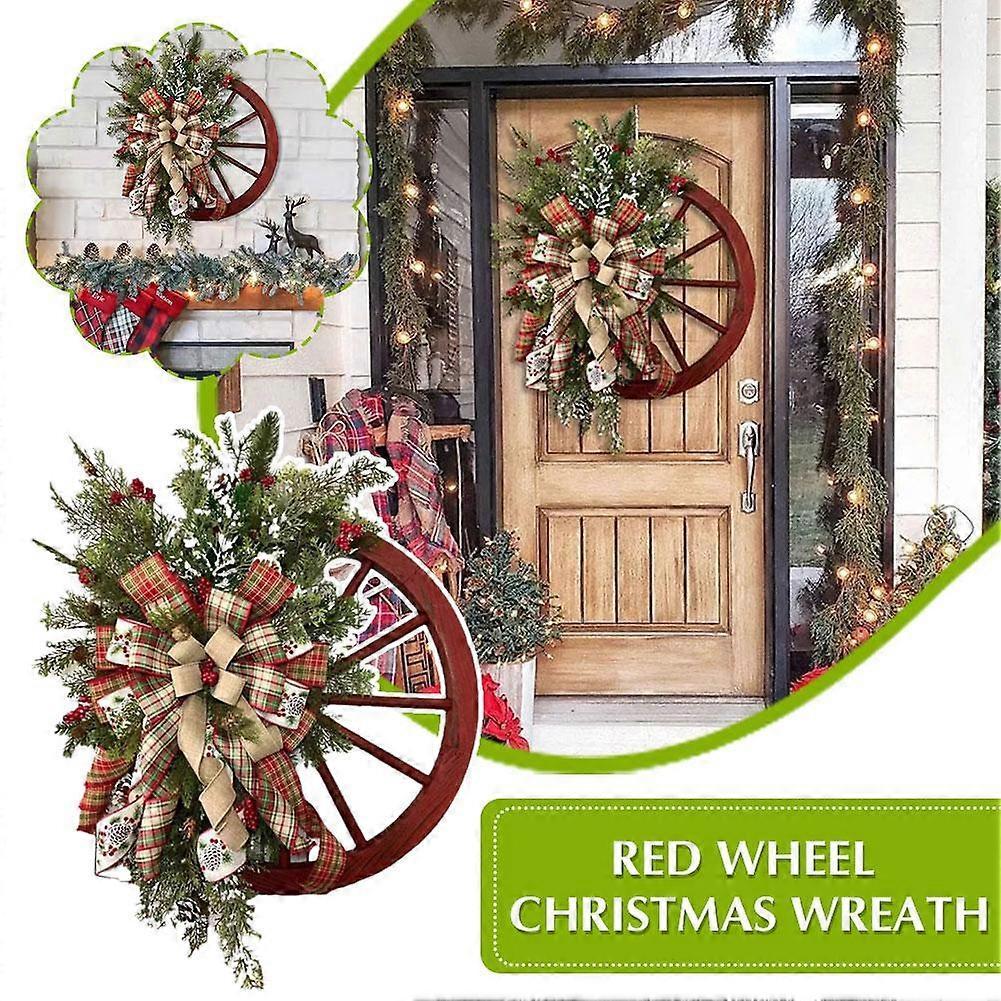 Festival Red Wheel Wreath Front Door Xmas Garland with Ribbon